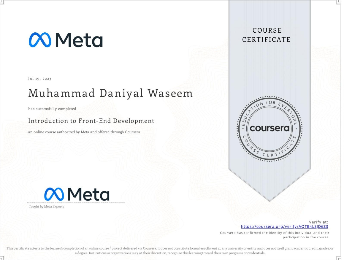 Introduction to Front-End Development certificate issued by Meta · Coursera